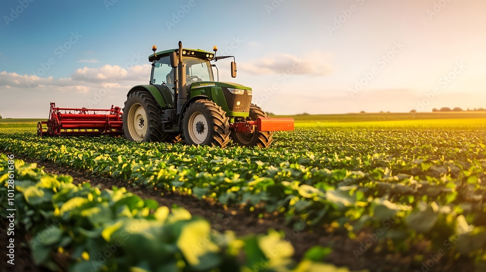 A tractor in an agricultural field, representing the core of farming and plant cultivation A tractor in an agricultural field, representing the core of farming and plant cultivation