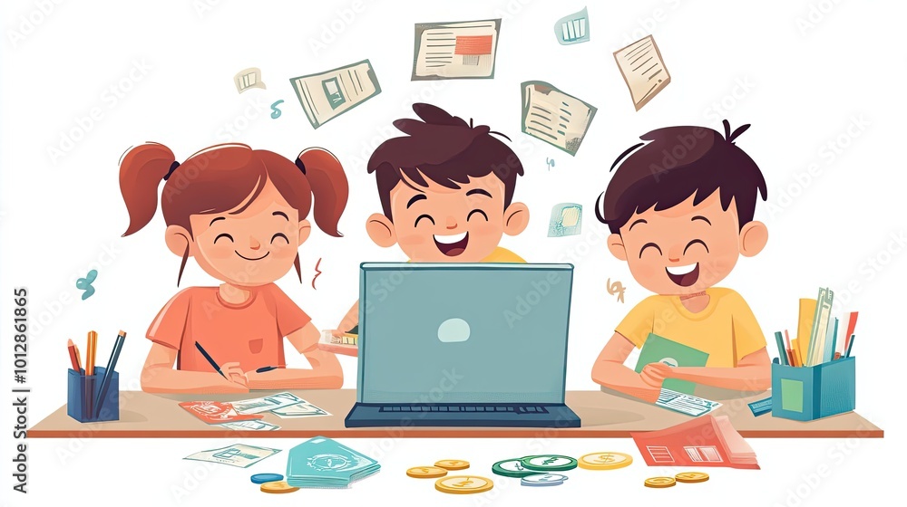 Three Smiling Children Studying and Laughing Together at a Desk