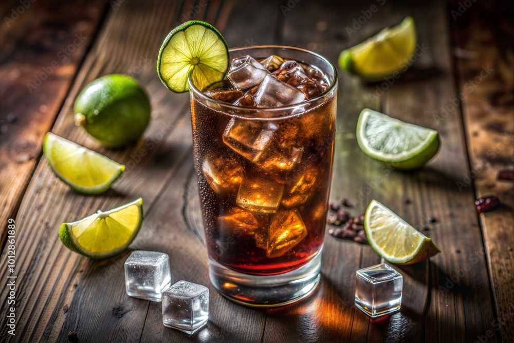 Cuba libre cocktail garnished with lime wedges and ice Cuba libre cocktail garnished with lime wedges and ice