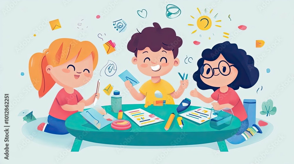 Three Smiling Children Sitting at a Green Table Drawing and Coloring Three Smiling Children Sitting at a Green Table Drawing and Coloring