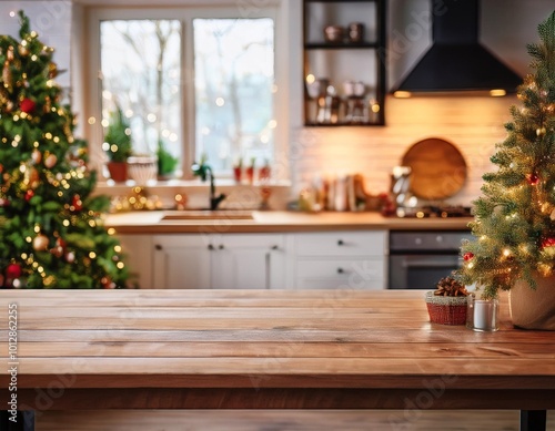 A festive backdrop featuring a Christmas tree, string lights, and a wooden table, ideal for food photography or social media posts