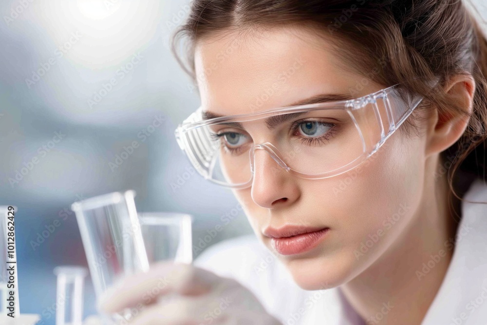 A close-up of a focused female scientist examining a test tube in a laboratory, wearing safety glasses, with an intense look of concentration on her work, surrounded by lab equipment A close-up of a focused female scientist examining a test tube in a laboratory, wearing safety glasses, with an intense look of concentration on her work, surrounded by lab equipment