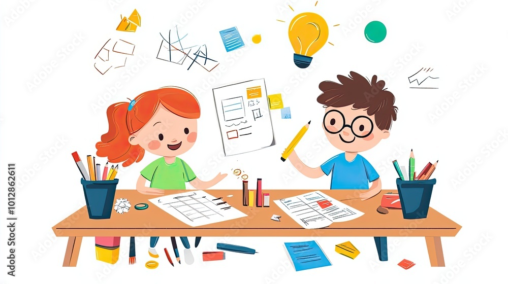 Two Children Sitting At A Table Working Together Two Children Sitting At A Table Working Together