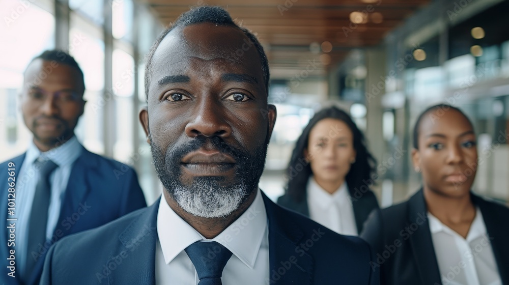 Diverse group of professionals in business attire standing confidently in modern office lobby, symbolizing dynamic labor market and urban work environment. Diverse group of professionals in business attire standing confidently in modern office lobby, symbolizing dynamic labor market and urban work environment.