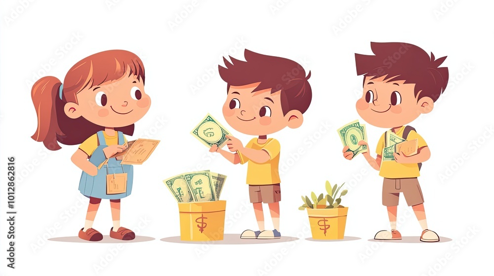 Three Cartoon Children Donating Money to Charity Three Cartoon Children Donating Money to Charity