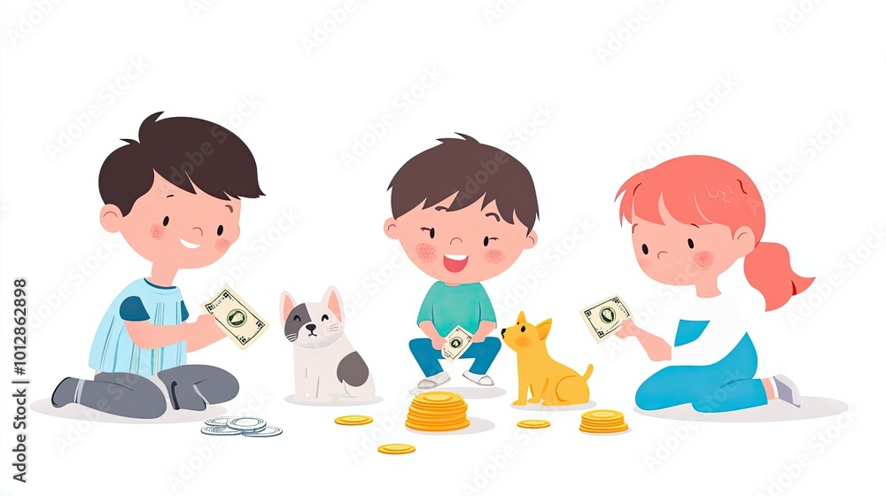 Three Children Playing a Game with Money and Pets Three Children Playing a Game with Money and Pets