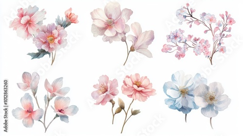 Flower birthday decor, elegant floral arrangements, soft pastels, watercolor illustration, isolated on white background.