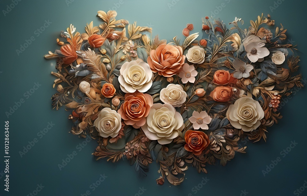 A heart-shaped arrangement of paper flowers against a teal backdrop. A heart-shaped arrangement of paper flowers against a teal backdrop.
