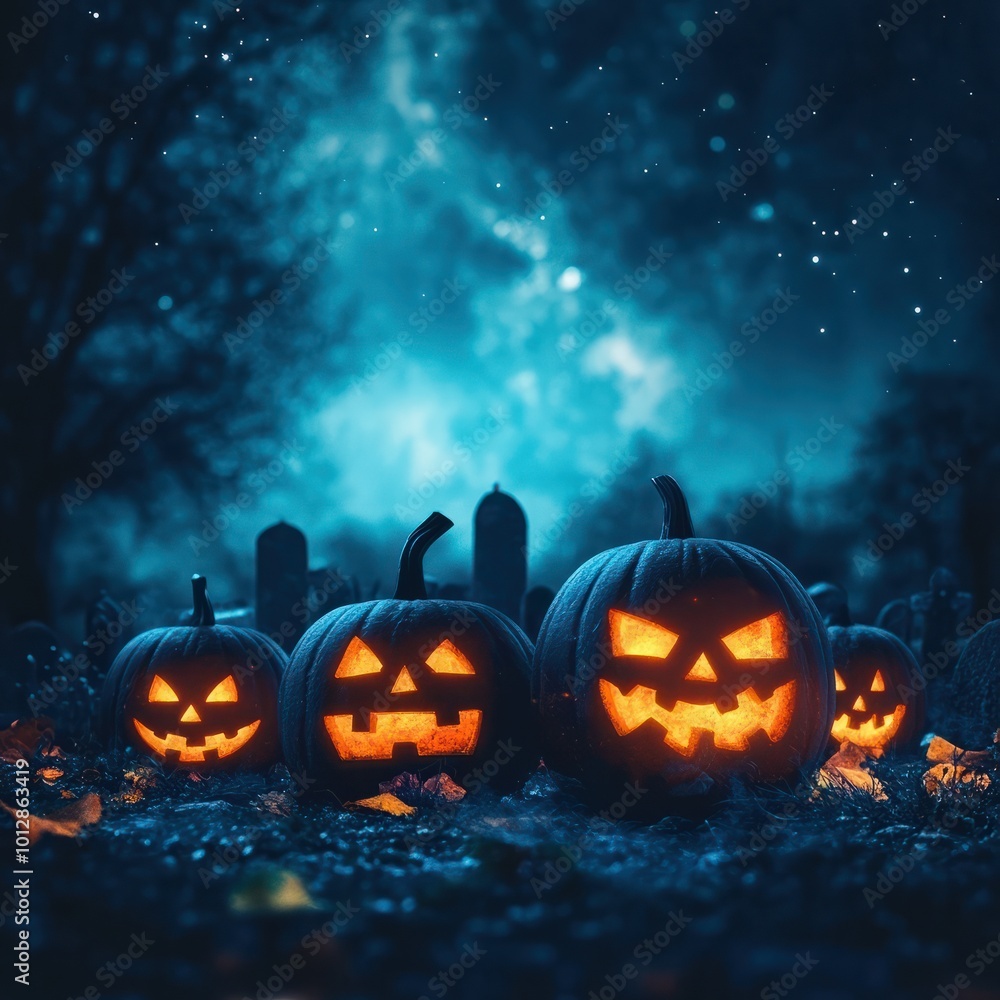 Fototapeta premium Jack O' Lanterns In Graveyard In The Spooky Night - Halloween Backdrop