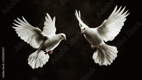 A pair of white doves gracefully hover mid-air, their wings fully spread in a delicate and captivating display of flight. Set against a dark background, the image highlights the purity and elegance of