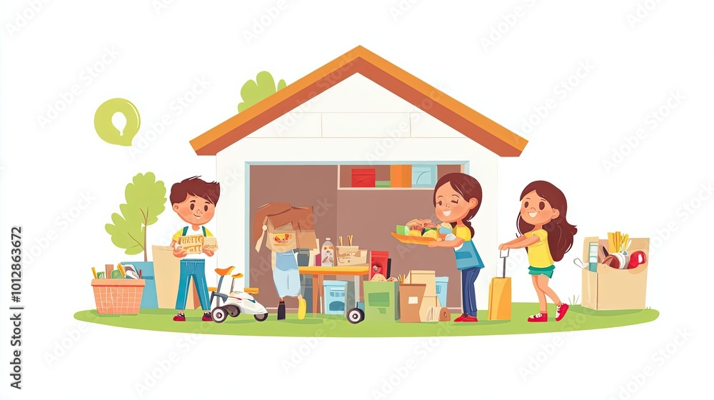 Three Children Unloading Groceries from a Garage Three Children Unloading Groceries from a Garage