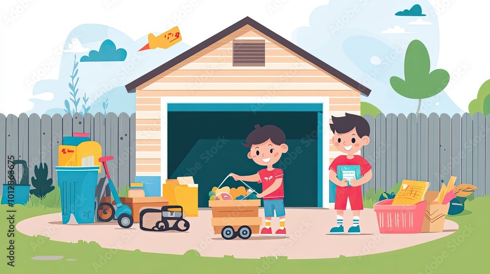 Two Boys Unloading Groceries and Boxes in Front of a Garage Two Boys Unloading Groceries and Boxes in Front of a Garage