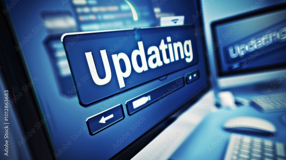 Close-up of computer screen showing software update progress bar with ...
