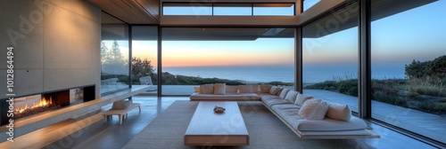 Modern beach house with lots of windows, clean lines, and views of the ocean.