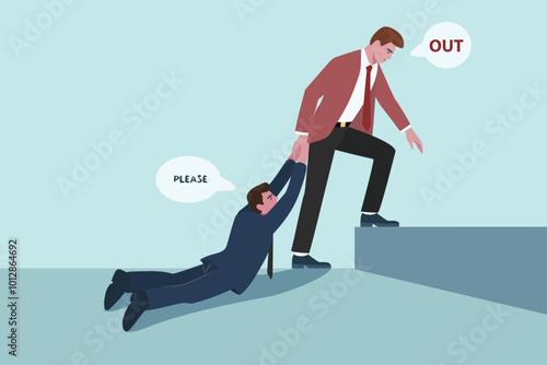 lay off - fired job concept. boss and employee pulling - dragging each other. business bankruptcy, economic crisis, loan debt , flat cartoon vector illustration 
