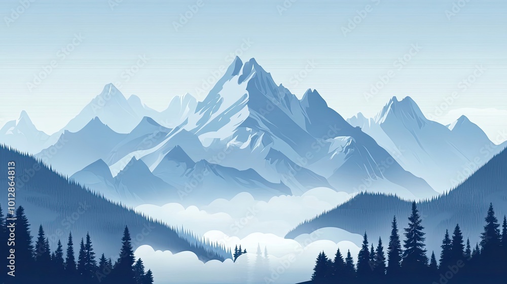 Obraz premium Majestic Mountain Range with Silhouetted Trees and Clouds