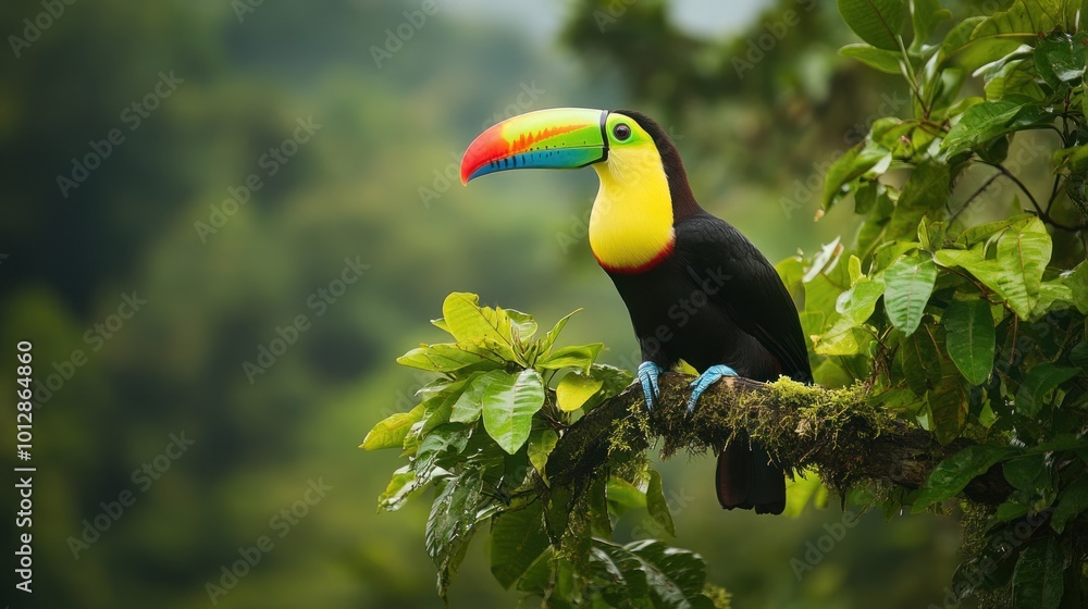 Toucan perched on branch in rainforest Toucan perched on branch in rainforest