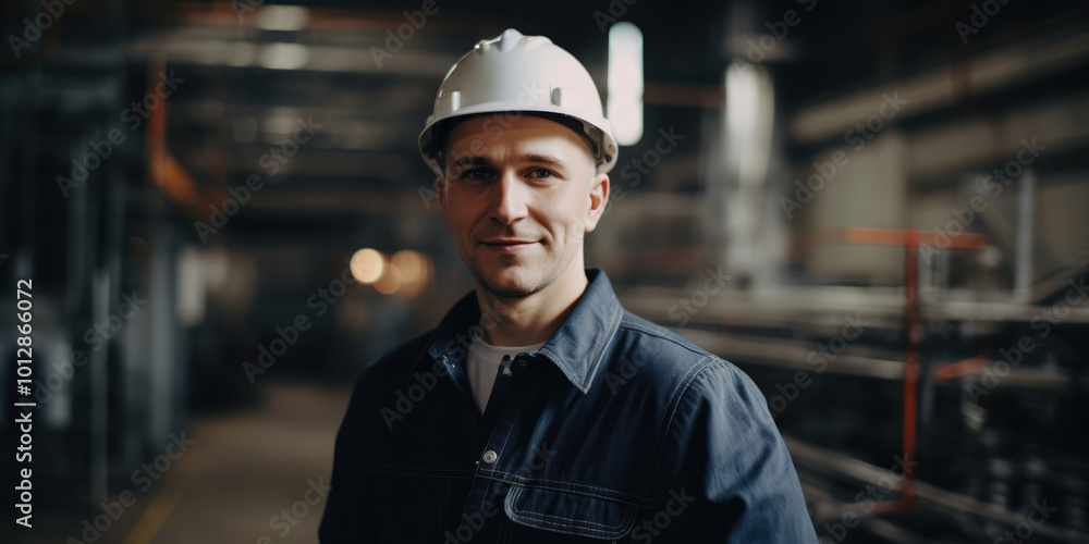 Professional Male Engineer with White Hard Hat at Factory. Close-Up of Confident Engineer, Contractor and Project Manager in Workshop. Safety Gear and Protective Helmet. Man at Work Professional Male Engineer with White Hard Hat at Factory. Close-Up of Confident Engineer, Contractor and Project Manager in Workshop. Safety Gear and Protective Helmet. Man at Work