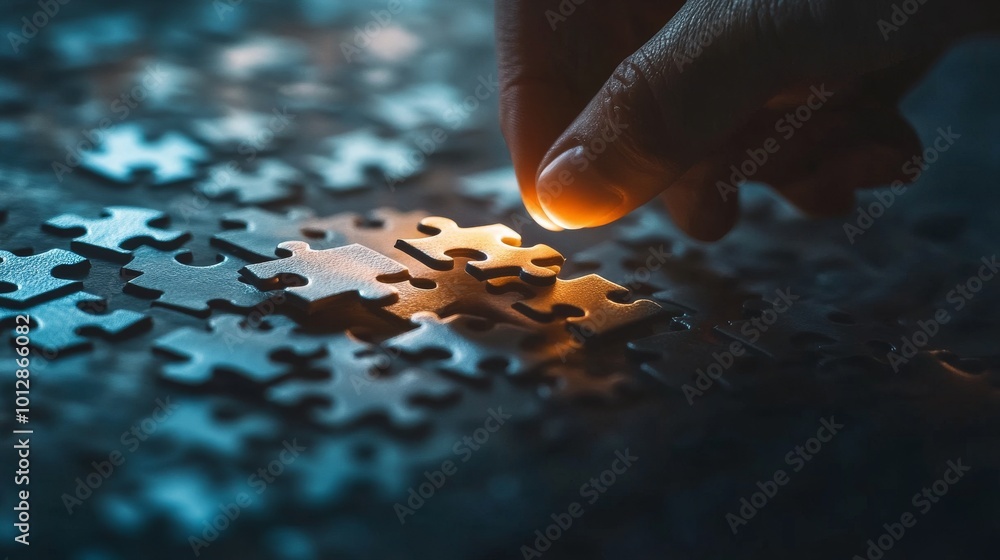 A detailed close-up of a hand delicately placing a puzzle piece into an illuminated jigsaw puzzle, with a soft glowing light enhancing the focus on the action. The image evokes themes of problem A detailed close-up of a hand delicately placing a puzzle piece into an illuminated jigsaw puzzle, with a soft glowing light enhancing the focus on the action. The image evokes themes of problem