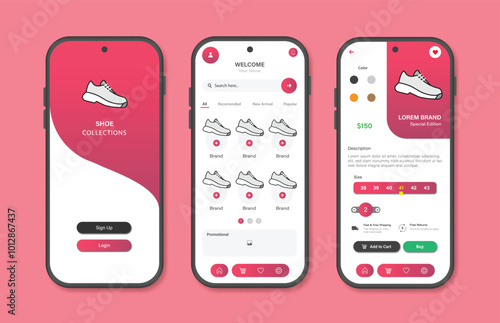 Online shoe store design for mobile applications. Shoe purchasing platform screen. Graphical user interface for responsive mobile applications