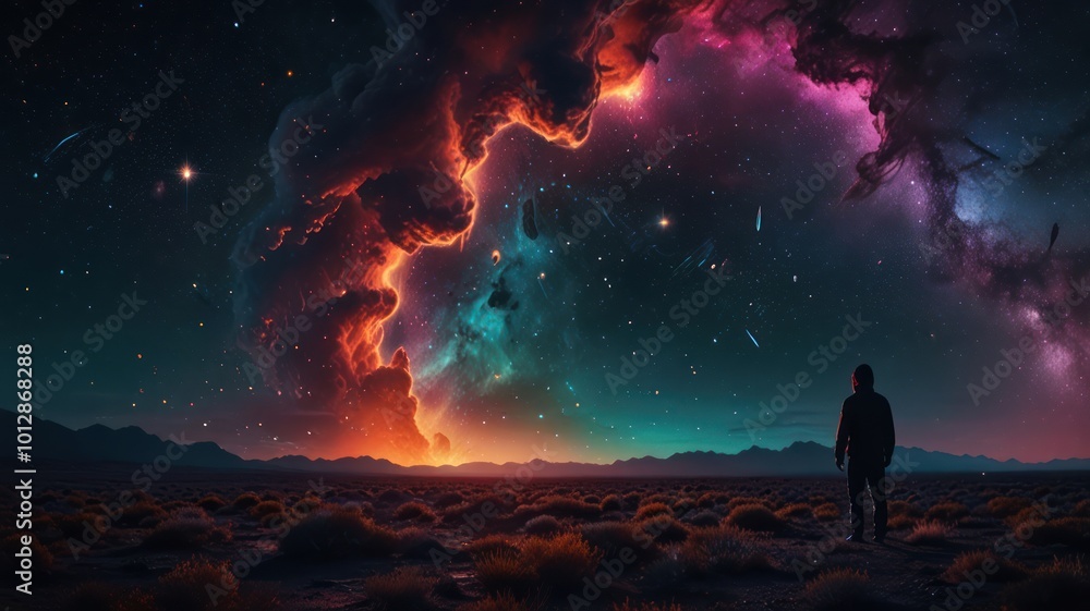 A lone figure stands in a desert landscape gazing up at a vibrant and fantastical night sky filled with stars, nebulae, and shooting stars. A lone figure stands in a desert landscape gazing up at a vibrant and fantastical night sky filled with stars, nebulae, and shooting stars.