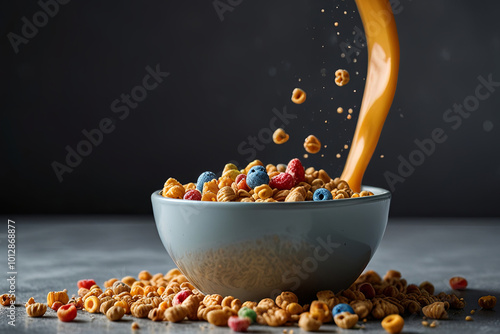 Vibrant Milk Splash with Colorful Cereal Grains"