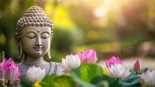 A serene Buddha statue sits in a lush garden surrounded by blooming lotus flowers, basking in warm sunlight. The peaceful setting evokes a sense of calm and spiritual tranquility, perfect for themes photo