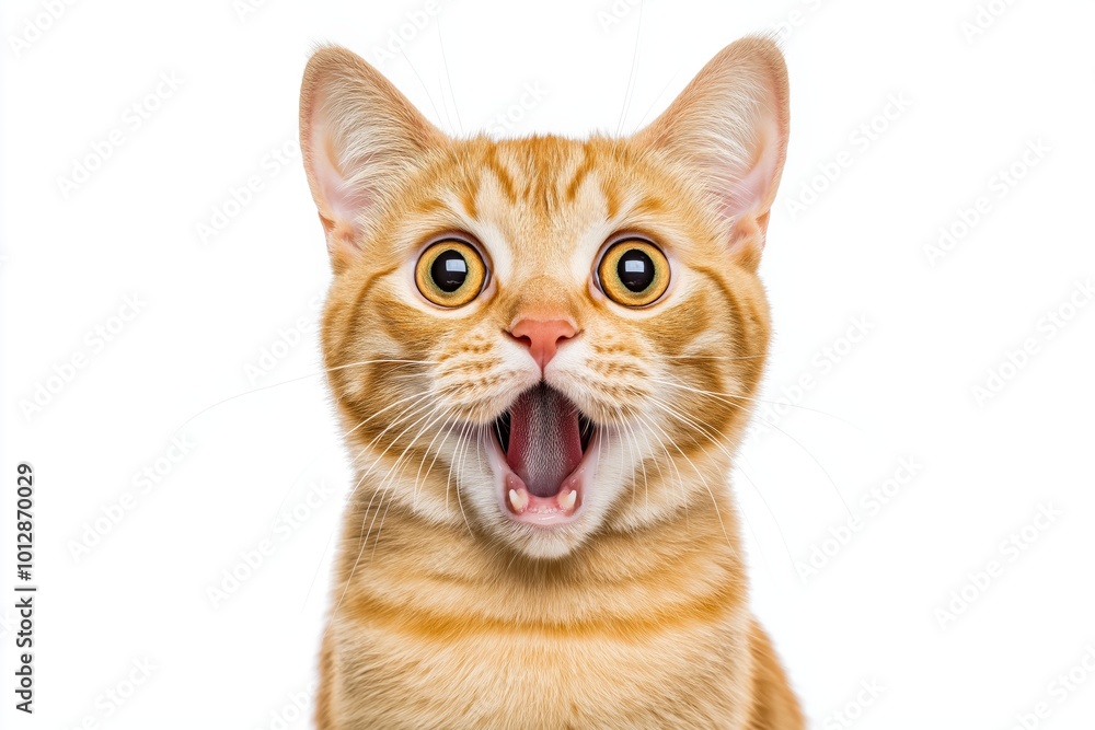 An expressive orange cat with wide eyes and an open mouth, appearing surprised or excited against a white background. An expressive orange cat with wide eyes and an open mouth, appearing surprised or excited against a white background.