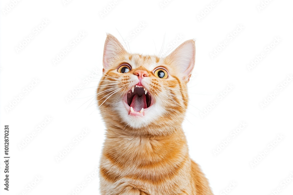 A surprised orange tabby cat with wide eyes and an open mouth, seemingly meowing or expressing excitement against a plain white background. A surprised orange tabby cat with wide eyes and an open mouth, seemingly meowing or expressing excitement against a plain white background.