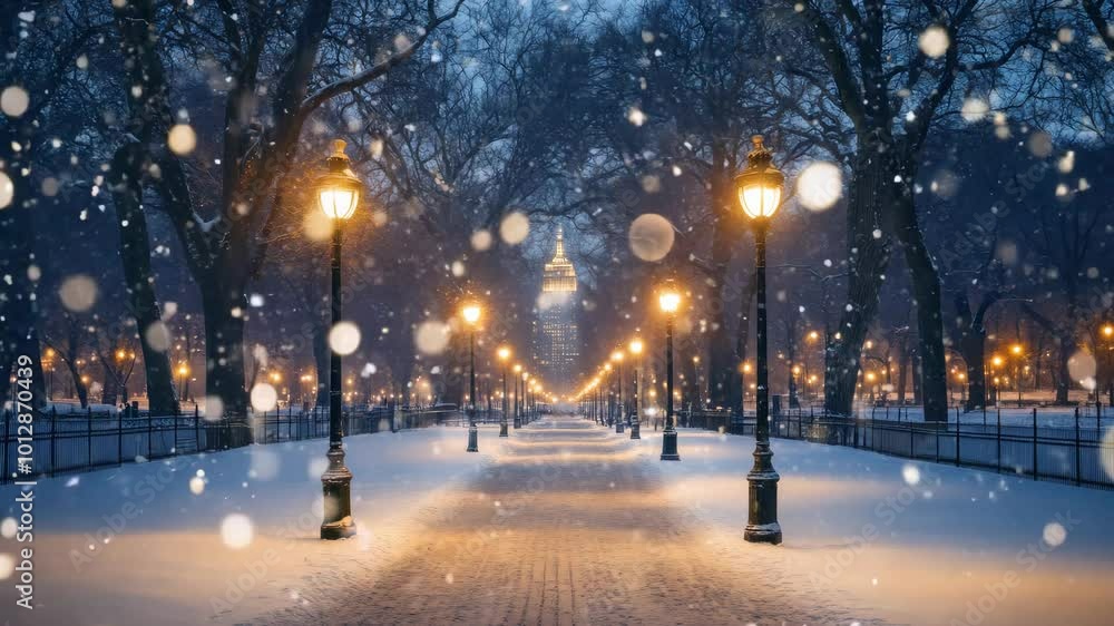 Central Park at night under snowfall. snow-covered trees, glowing lampposts, winding path. NYC skyline in distance. magical winter. Central Park at night under snowfall. snow-covered trees, glowing lampposts, winding path. NYC skyline in distance. magical winter.
