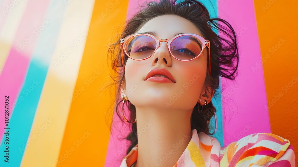 Vibrant street style. Portrait of woman wearing uniquely top and trendy eyeglasses, with vividly colorful neon striped background. Concept of youth, beauty, fashion and style, modern lifestyle. Ad Vibrant street style. Portrait of woman wearing uniquely top and trendy eyeglasses, with vividly colorful neon striped background. Concept of youth, beauty, fashion and style, modern lifestyle. Ad