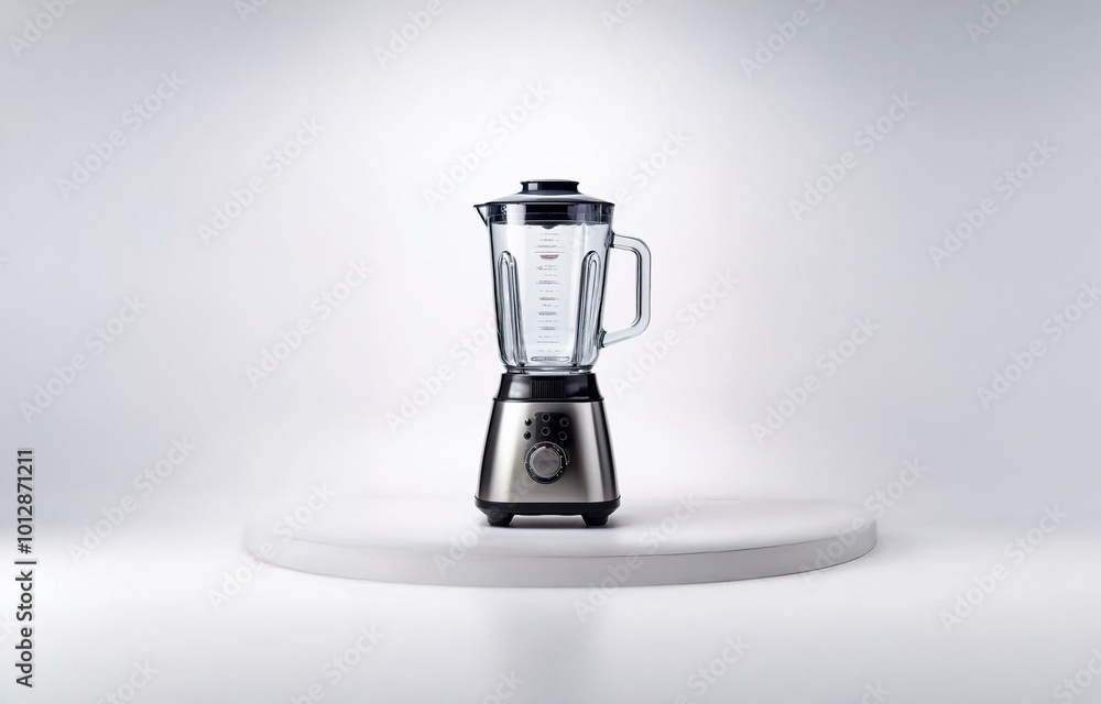 A stainless steel blender with a glass container sits on a white platform against a white backdrop. A stainless steel blender with a glass container sits on a white platform against a white backdrop.