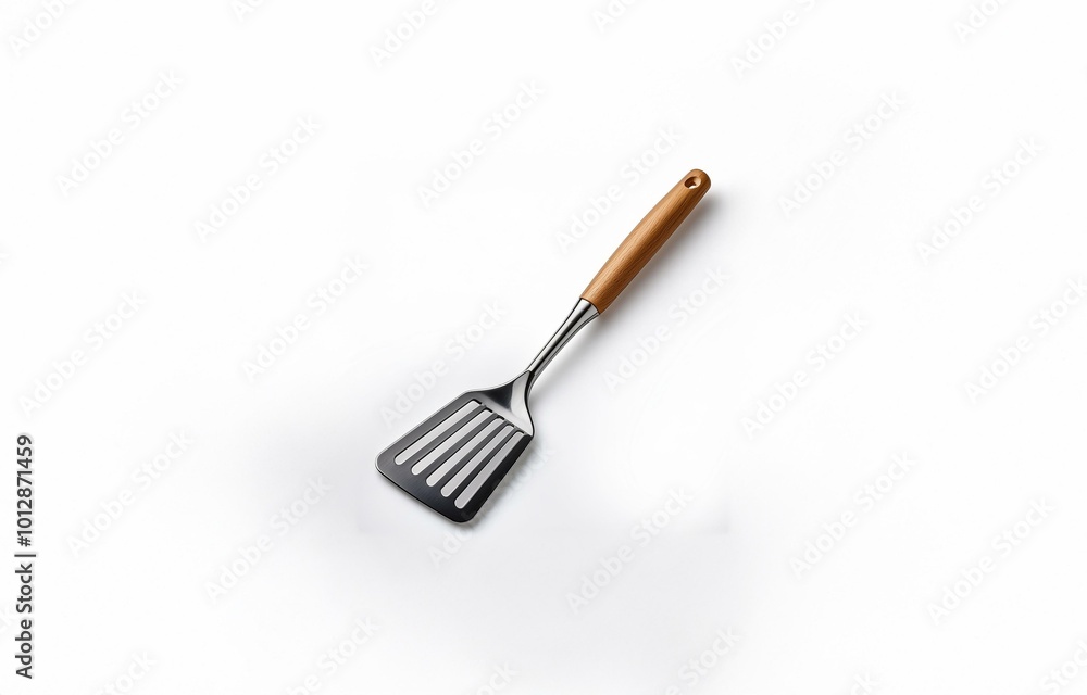 A stainless steel spatula with a wooden handle sits on a plain white background. A stainless steel spatula with a wooden handle sits on a plain white background.