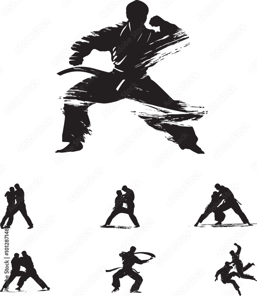 Martial Arts Silhouette with Jiu-Jitsu Combat Poses