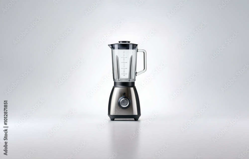A silver blender with a glass pitcher on a white surface. A silver blender with a glass pitcher on a white surface.