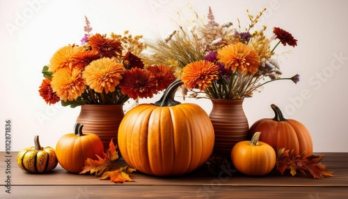 A vibrant autumnal arrangement of flowers in a pumpkin vase, perfect for adding a festive touch to your home