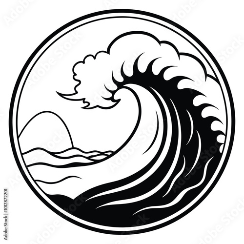 A tsunami vector silhouette line art style