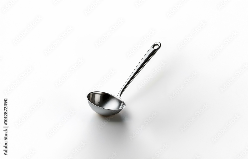 A single, silver ladle rests on a white background. A single, silver ladle rests on a white background.