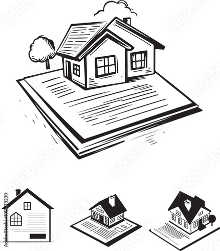 Minimalist House and Mortgage Document Illustration Set