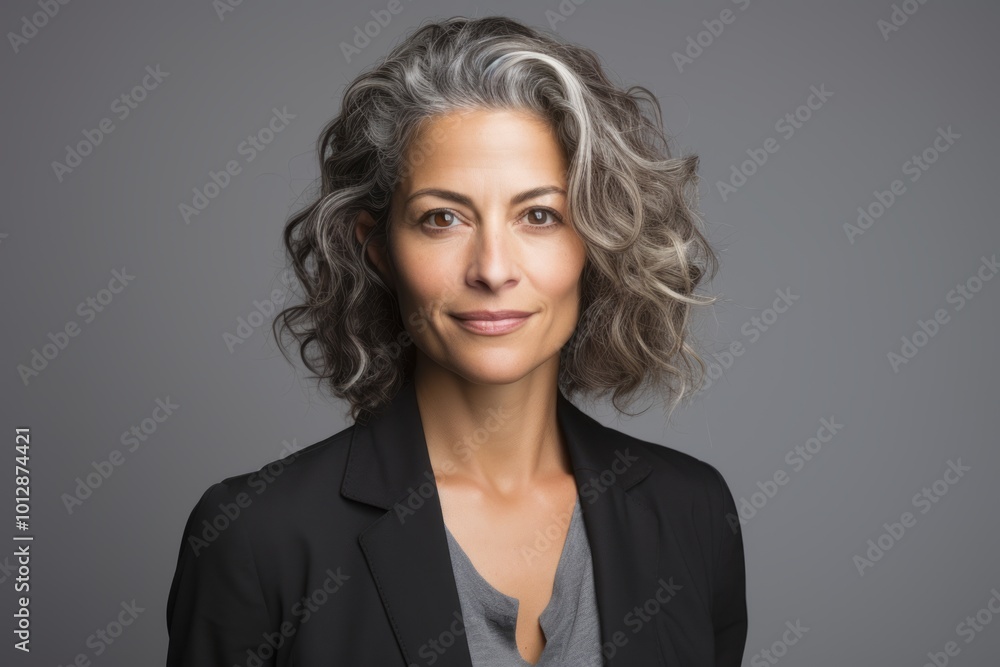 Portrait of a smiling businesswoman with grey hair, over grey background Portrait of a smiling businesswoman with grey hair, over grey background