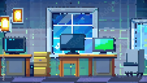 Pixel art of a computer desk with monitors near a window