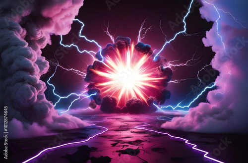 Epic Cosmic Event with Lightning. Stunning Space Art. Science Fiction, Neon background. photo