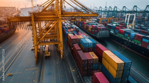 Aerial view of cargo containers at a busy shipping port during sunset.