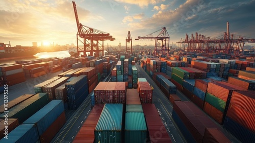 Aerial view of cargo containers stacked at a bustling shipping port at sunset. photo