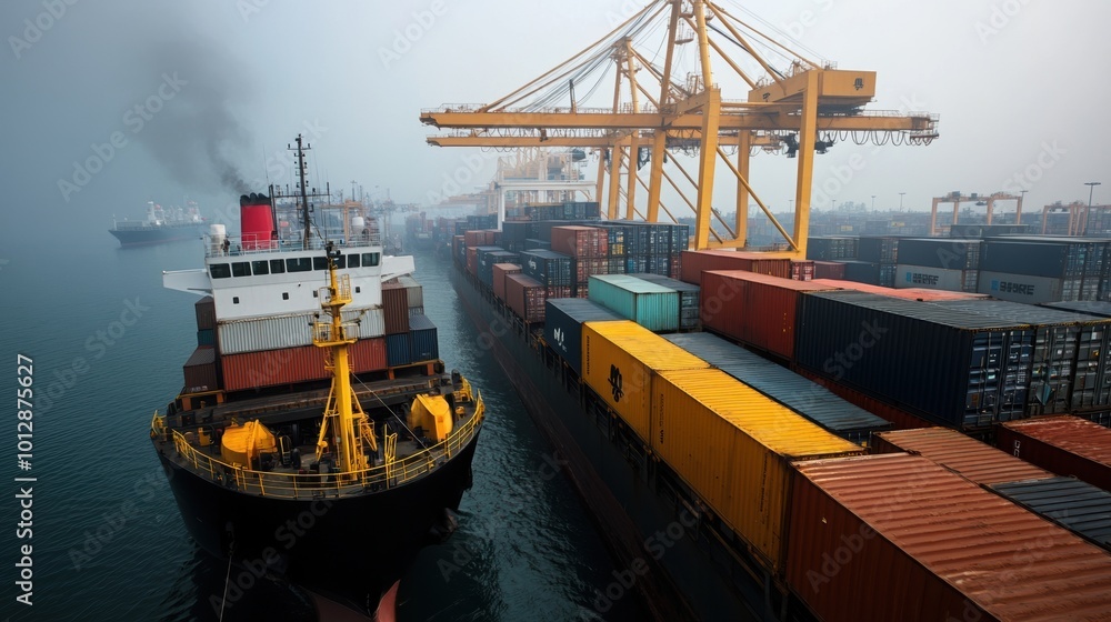 Fototapeta premium Cargo ship docked at a container terminal, foggy atmosphere, industrial background.