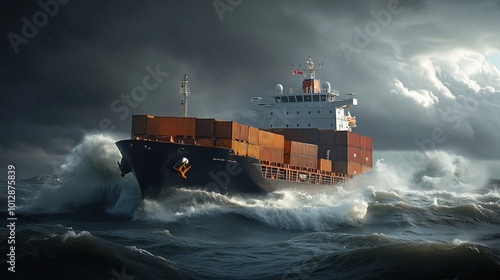 Cargo ship navigating through rough seas under dramatic cloudy sky.