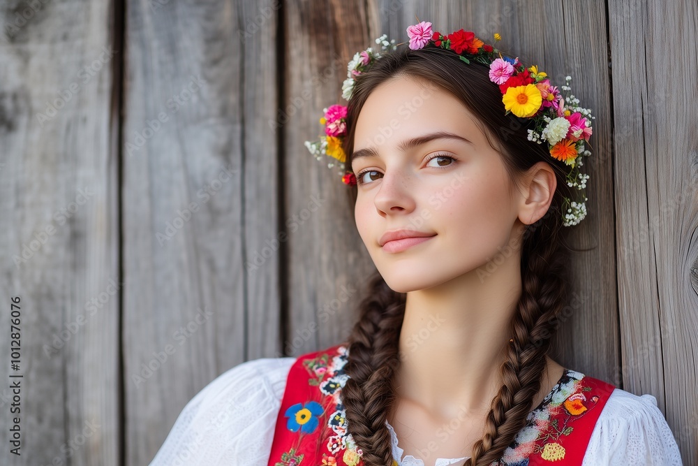 A young woman in traditional attire with a floral crown. A young woman in traditional attire with a floral crown.