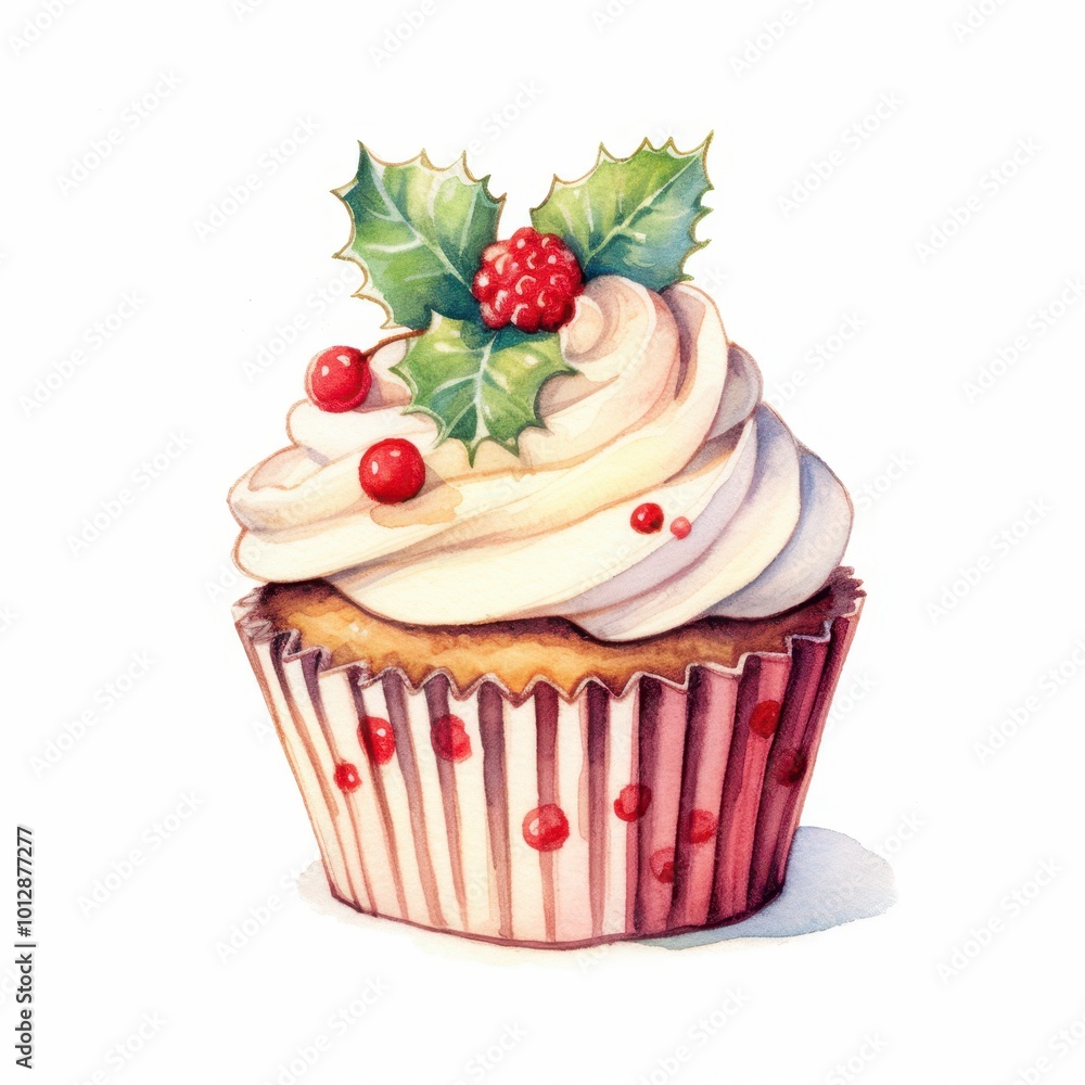 Festive cupcake adorned with creamy frosting and holly berry decorations. Festive cupcake adorned with creamy frosting and holly berry decorations.