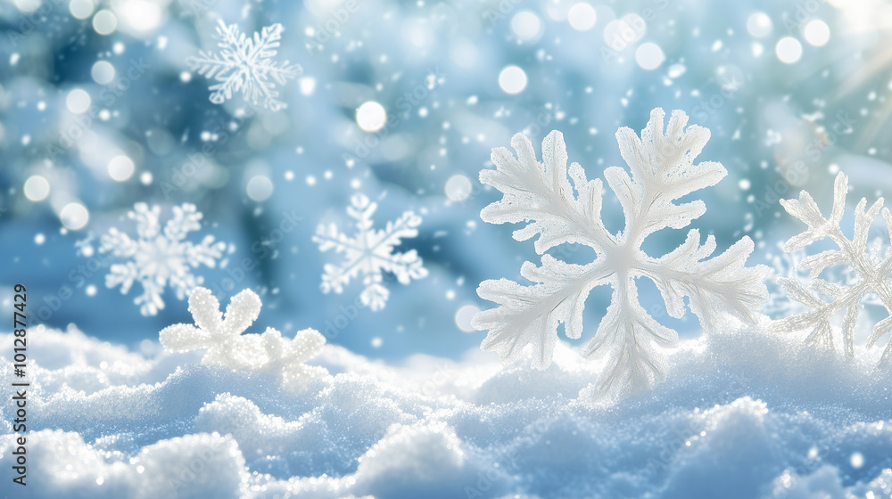 A cheerful winter scene with a bright, sky-blue background covered in softly falling snowflakes A cheerful winter scene with a bright, sky-blue background covered in softly falling snowflakes