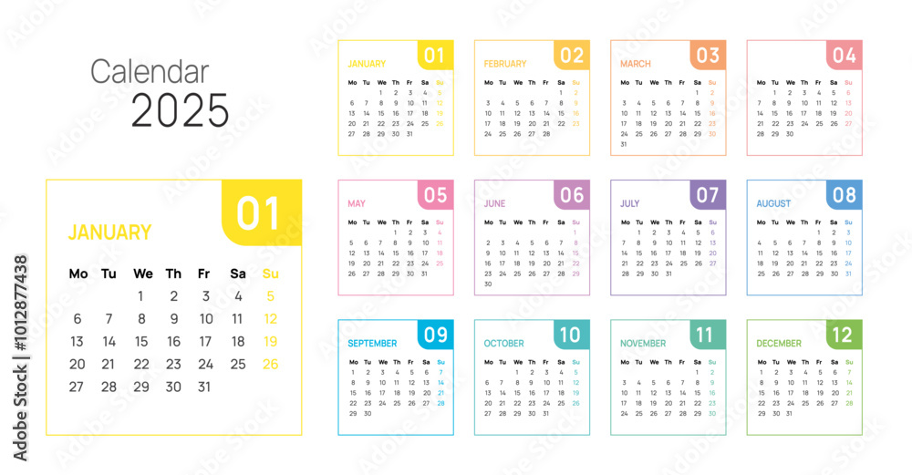 2025 Calendar week start Monday corporate design template vector. 2025 Calendar week start Monday corporate design template vector.